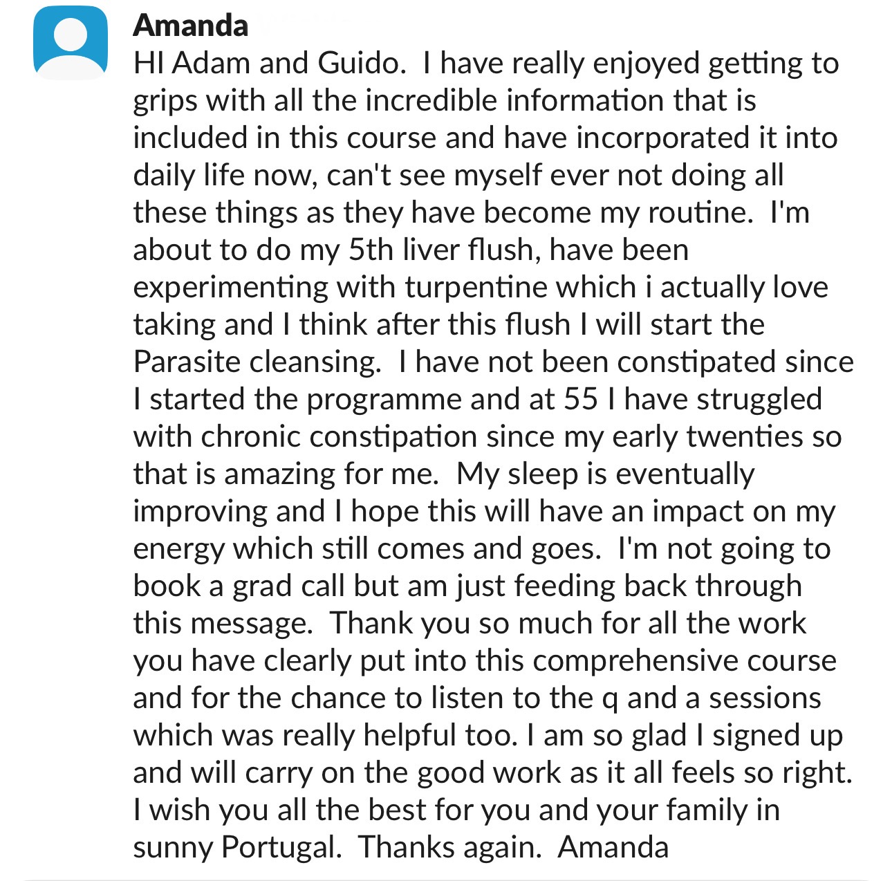 Amanda — chronic constipation cleared at 55